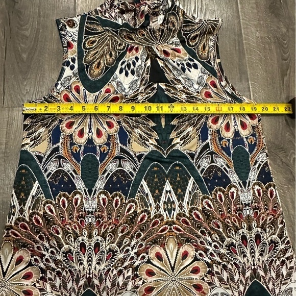Apricot Blouse Women’s Peacock Themed Stretch Boho Flowy Mock Neck Large 14 - Picture 9 of 10